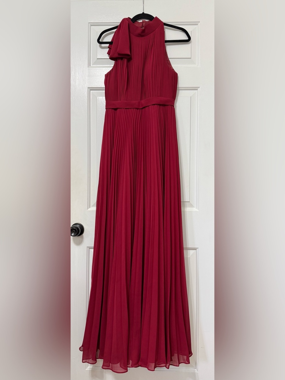 Azazie burgundy, pleated, halter, neck, bow a line maxi dress